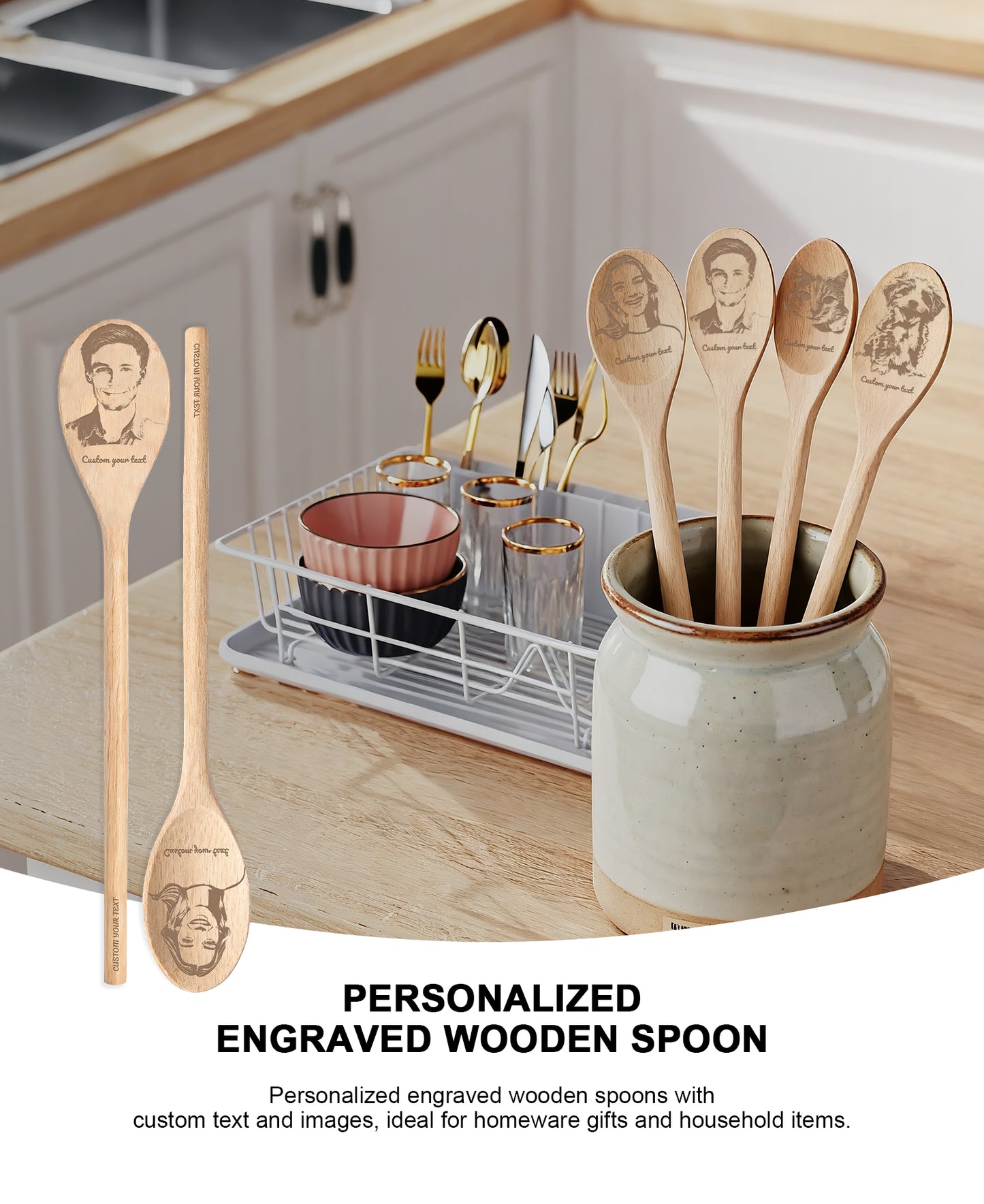 Custom Wooden Spoon - Personalized Engraved with Photo & Name | Unique Kitchen Gift for Mom, Wife, Grandmother | Cooking, Wedding, Anniversary Keepsake